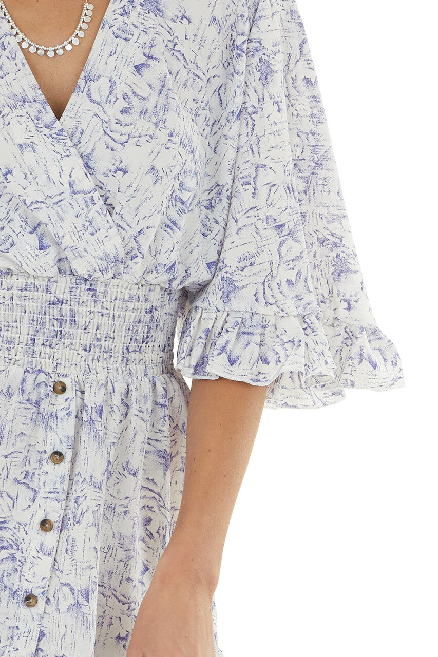 Pearl and Navy Abstract Print Short Woven Dress with Ruffles
