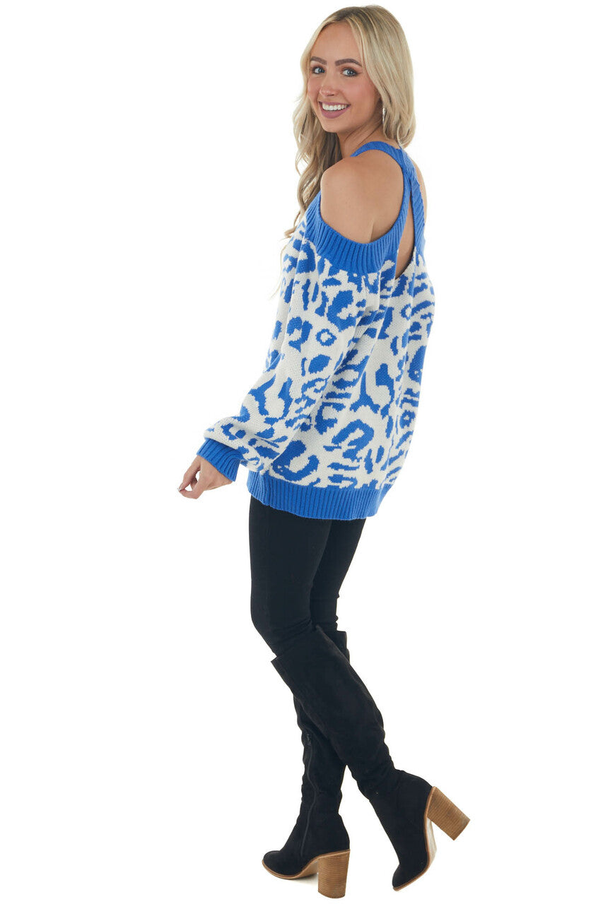 Cobalt Blue Leopard Print Cold Shoulder Sweater