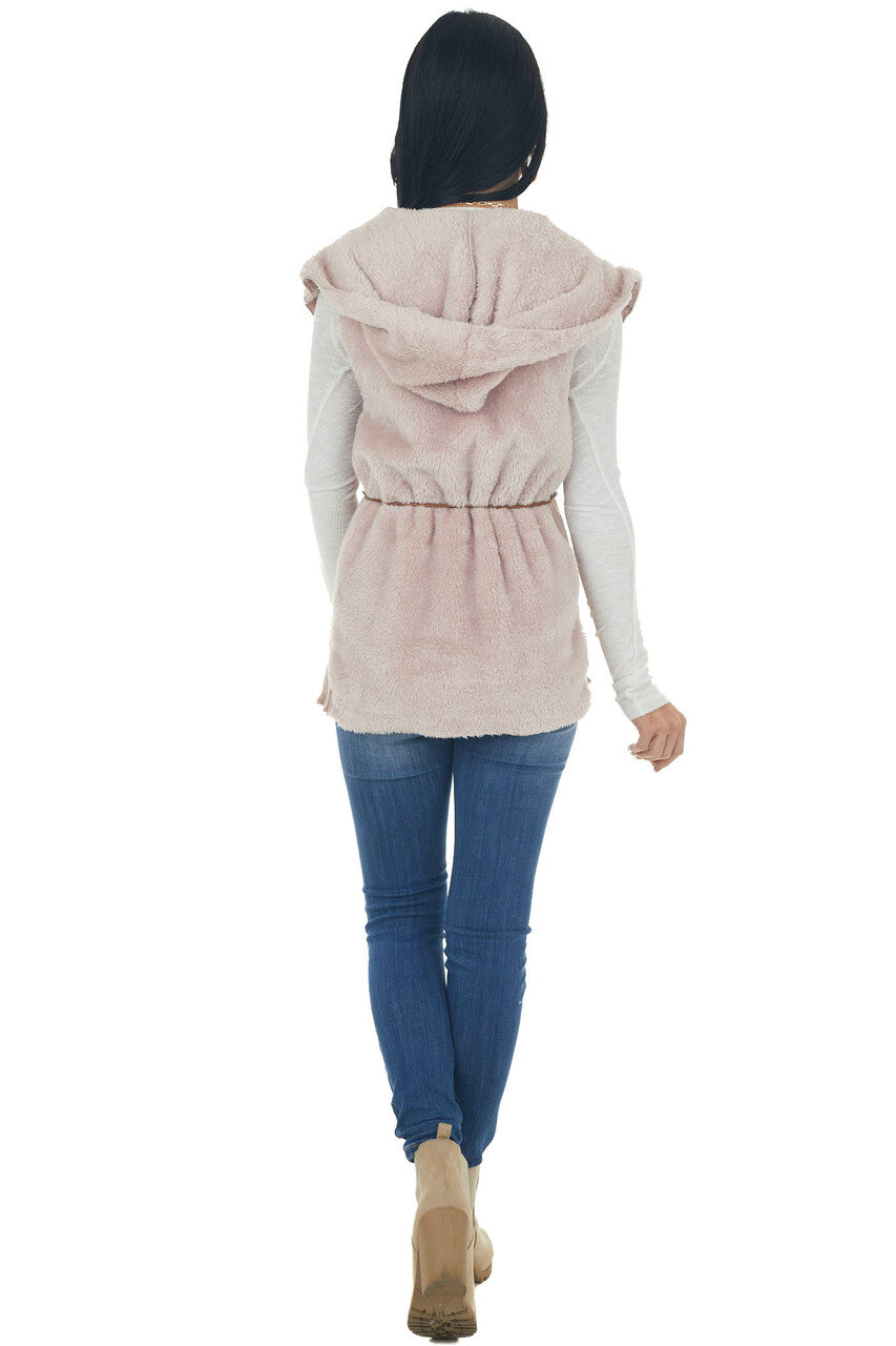 Blush Faux Fur Hooded Ribbed Contrast Vest 