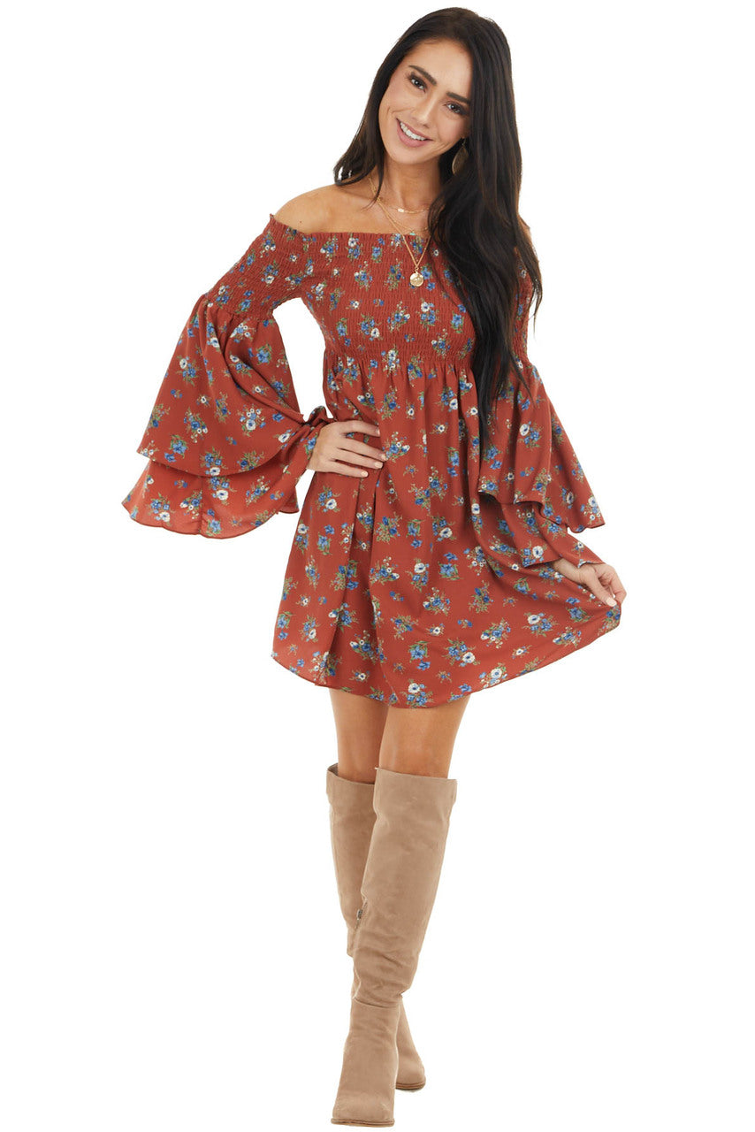 Brick Red Floral Print Off the Shoulder Mini Dress