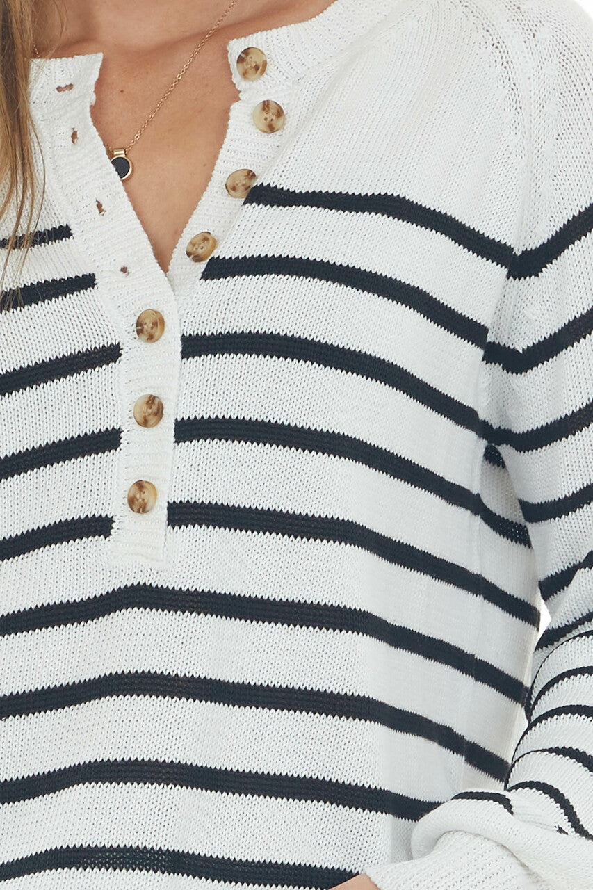 Off White Striped Half Button Up Knit Sweater