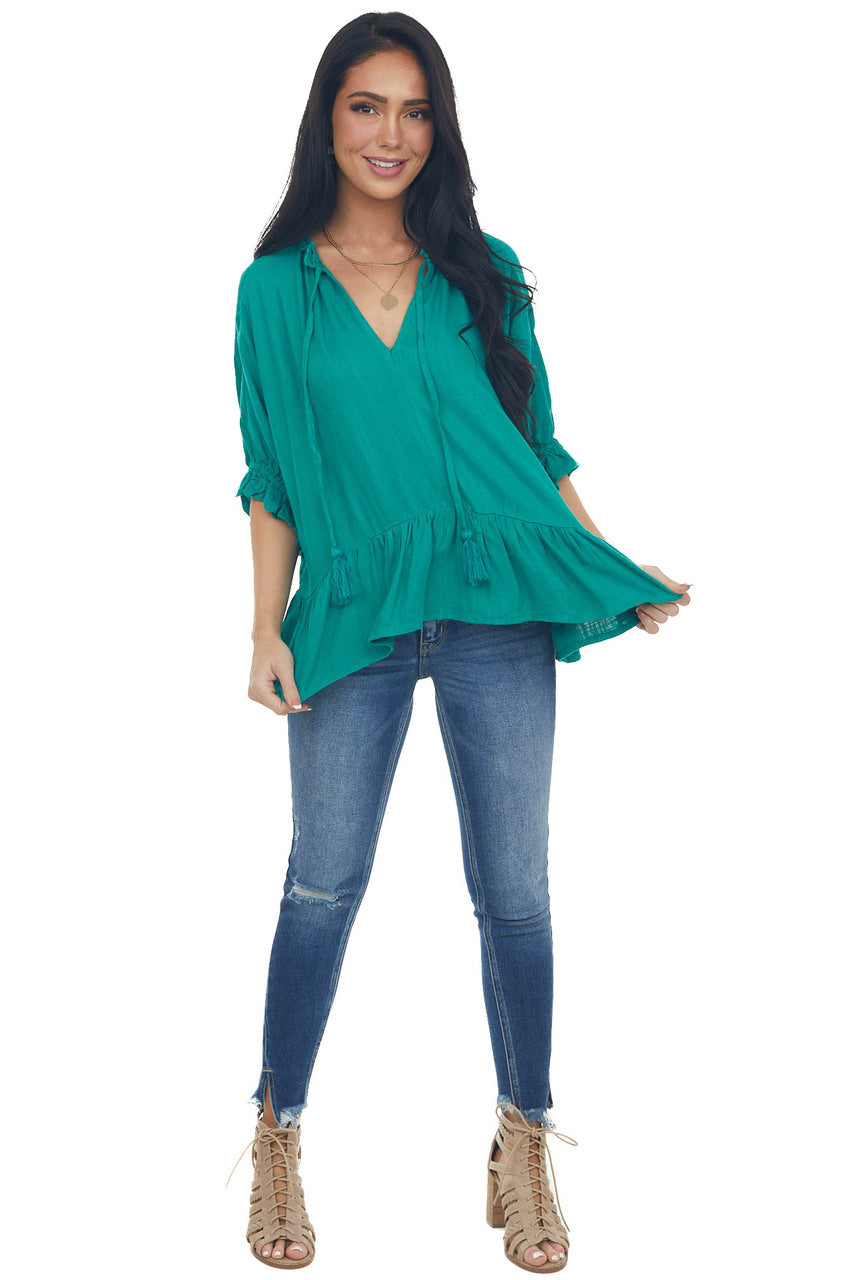 Kelly Green Textured Blouse with Ruffle Details and Neck Tie 