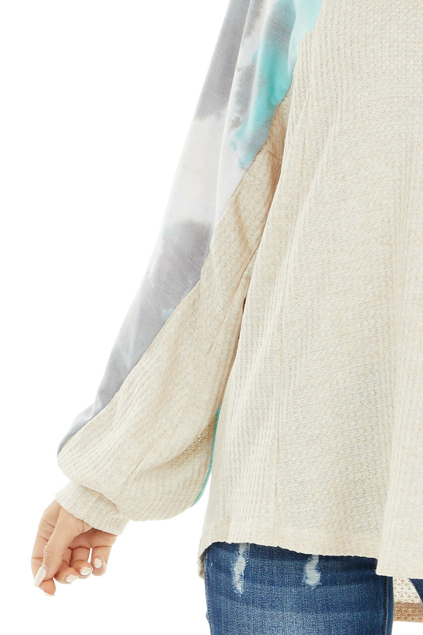 Cream Waffle Knit Long Sleeve Top with Tie Dye Detail 