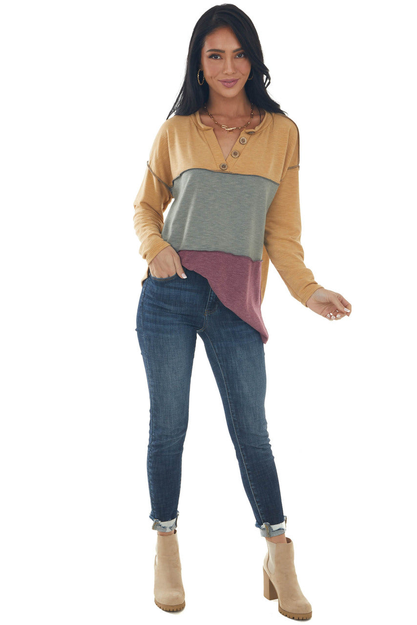 Amber and Berry Colorblock Henley Knit Top 