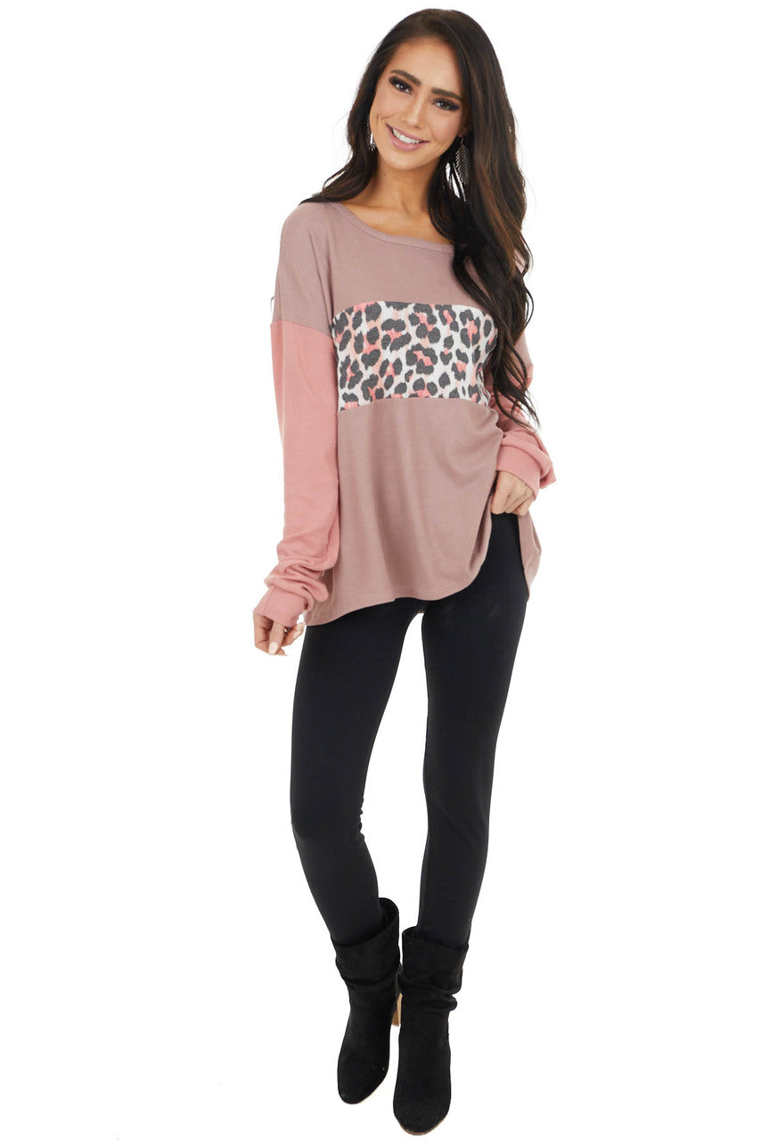 Dusty Rose Leopard Print Colorblock Long Sleeve Top