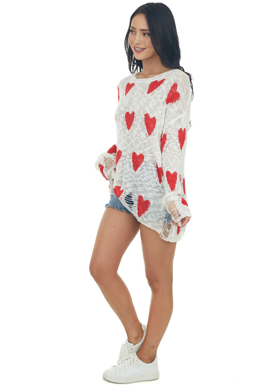 Ivory Heart Print Distressed Long Sleeve Relaxed Fit Top