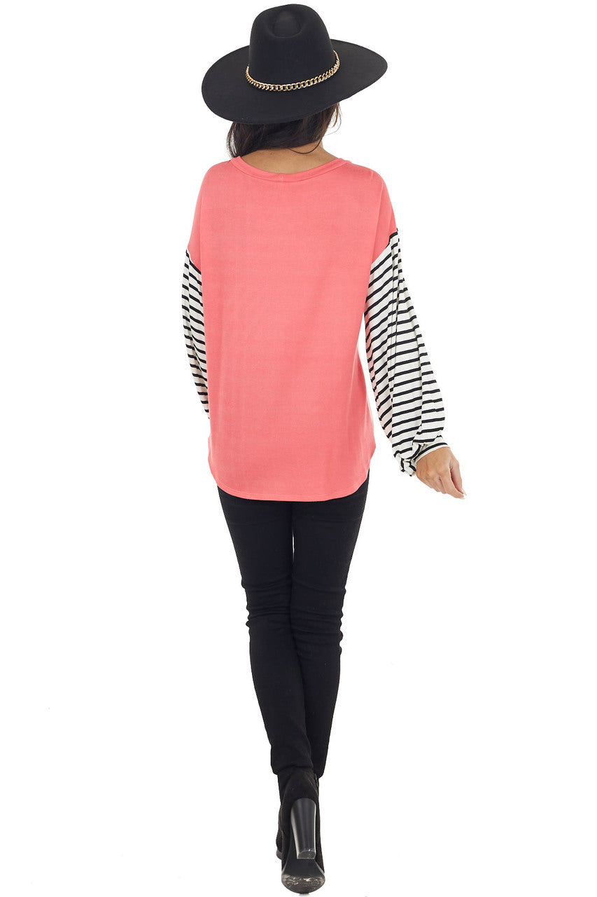 Blush and Coral V Stitch Knit Top with Striped Puff Sleeves