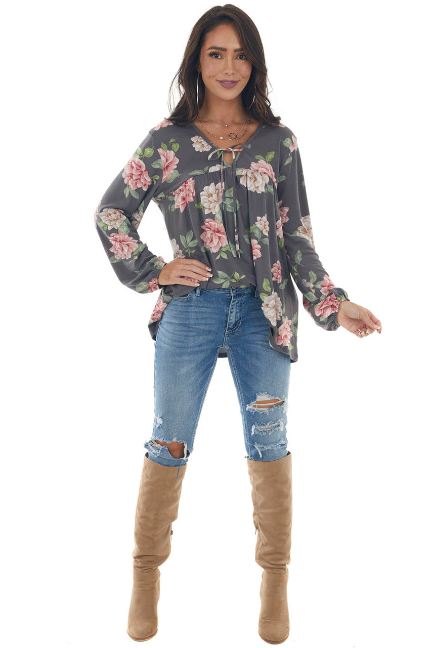 Graphite Floral Print Long Sleeve Babydoll Top