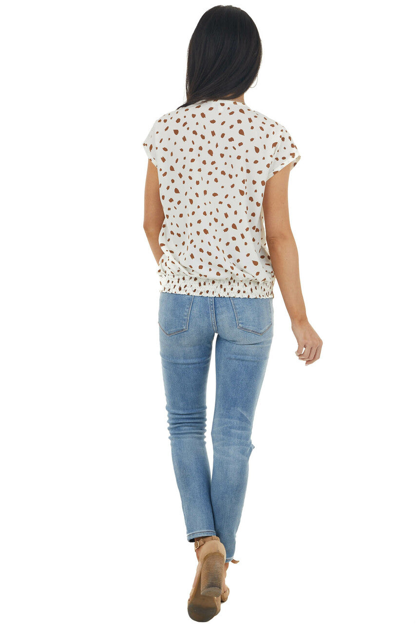 Ivory and Walnut Patterned Surplice Top with Short Sleeves