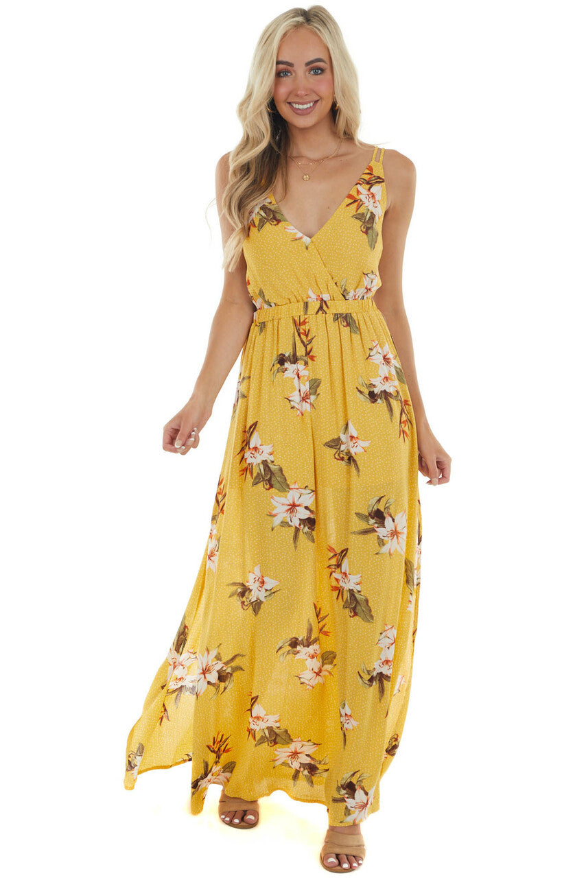 Canary Yellow Floral and Polka Dot Print Maxi Dress