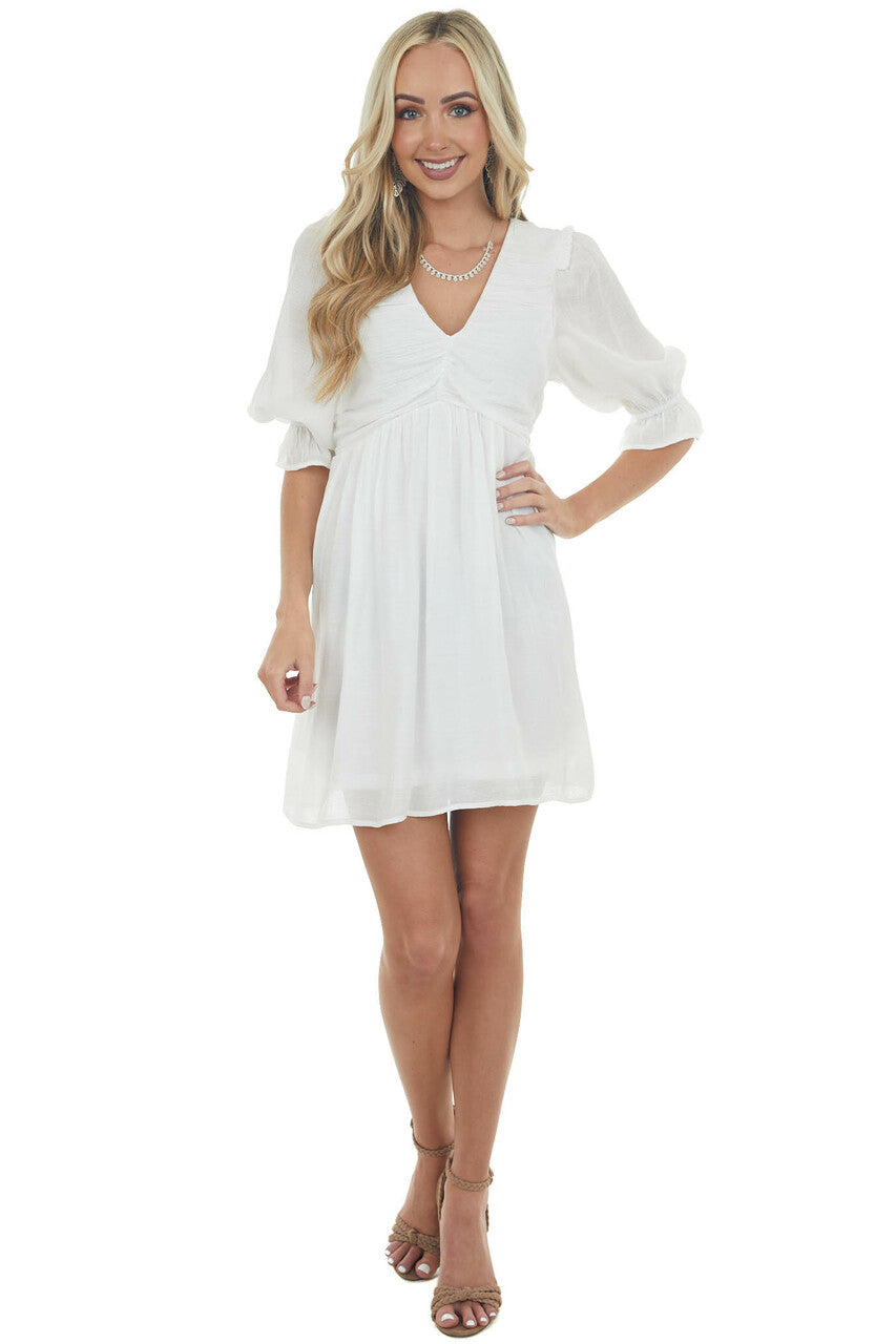 Ivory Half Sleeve Ruched V Neck Short Dress