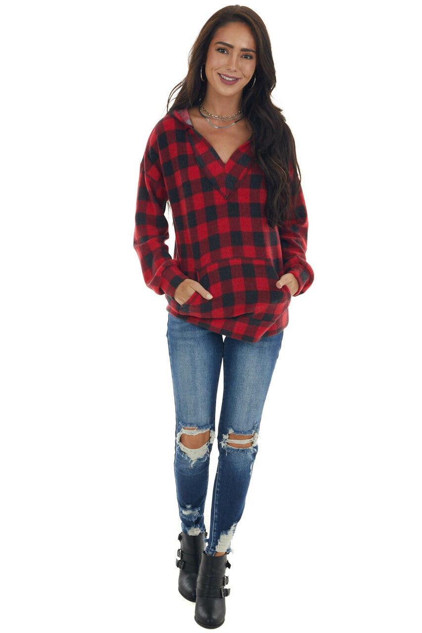 Cranberry and Charcoal Plaid Soft Knit Hoodie