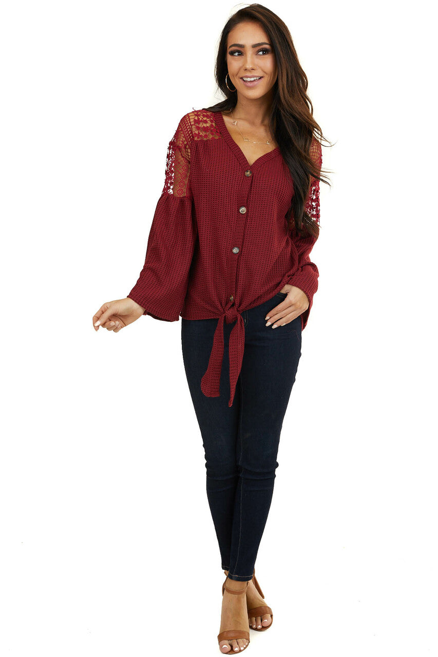 Wine Waffle Knit Top with Long Sleeves and Lace Contrast