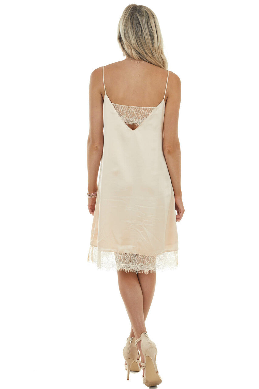 Peach Spaghetti Strap V Neck Slip Dress with Lace Detail