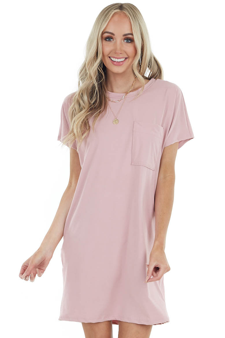 Dusty Blush Short Sleeve Tee Shirt Dress with Front Pocket