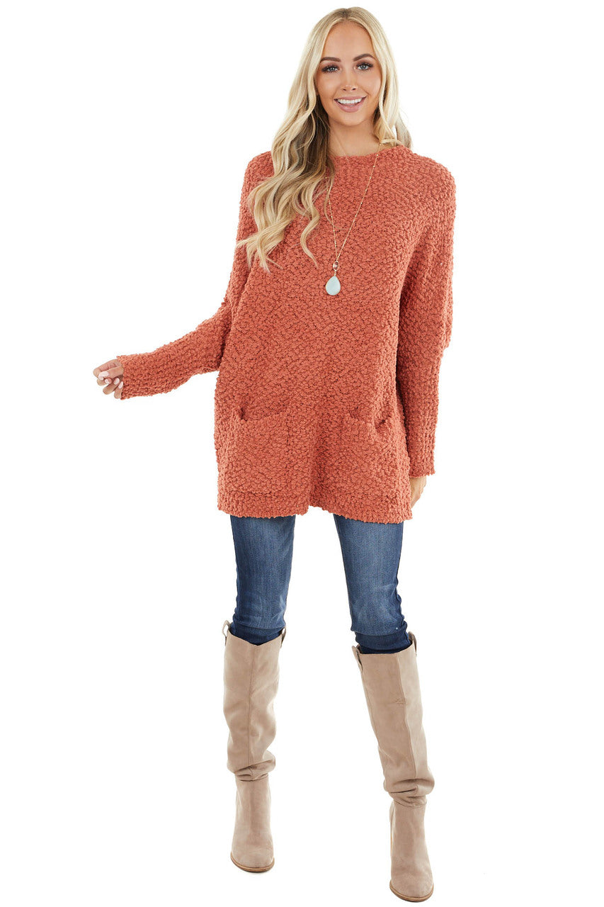 Terracotta Stretchy Knit Long Sweater with Pockets