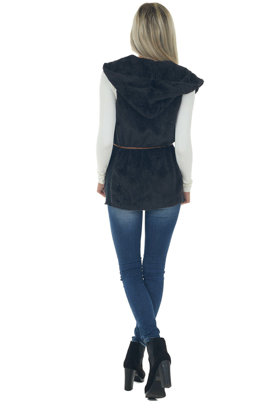 Black Faux Fur Hooded Ribbed Contrast Vest