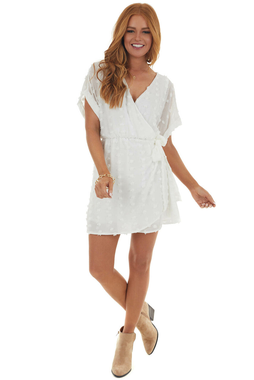 Off White Swiss Dot Surplice Neck Short Dress 