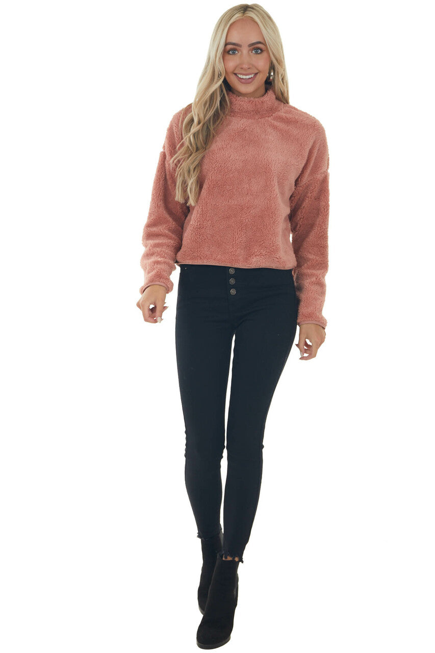 Hazy Pink Soft Faux Fur Mock Neck Crop Top