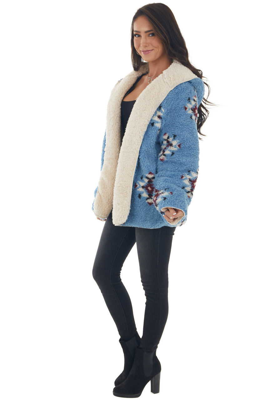 Powder Blue Aztec Reversible Sherpa Jacket 