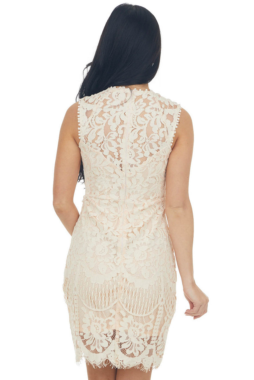 Apricot Fitted Lace Dress with Sheer Details