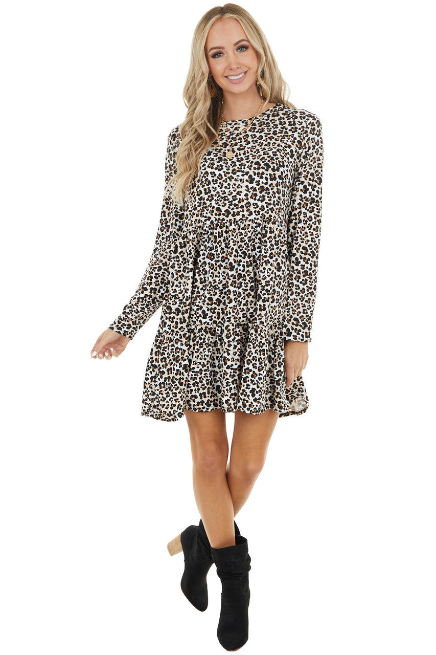 Ivory and Camel Leopard Print Babydoll Dress with Ruffle Hem