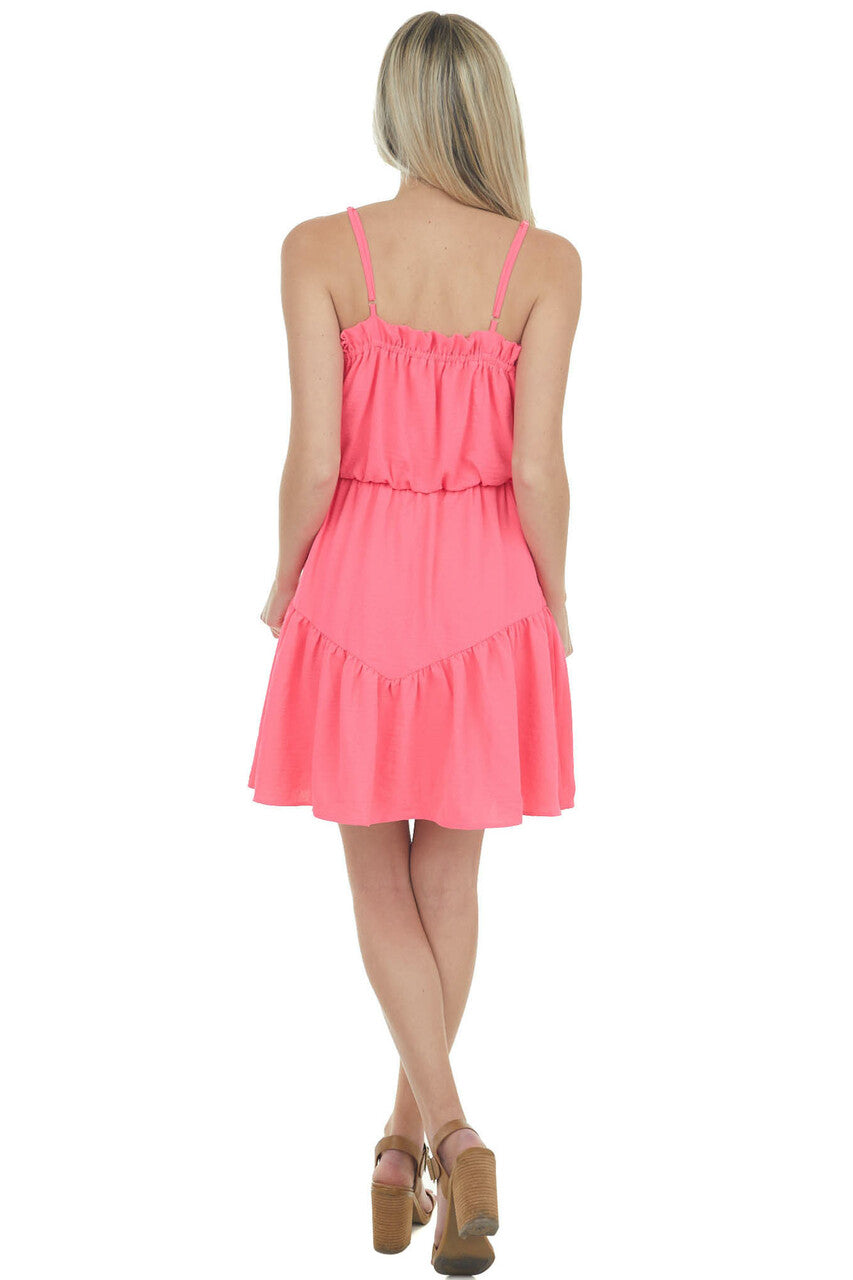 Neon Pink Sleeveless Tiered Short Woven Dress