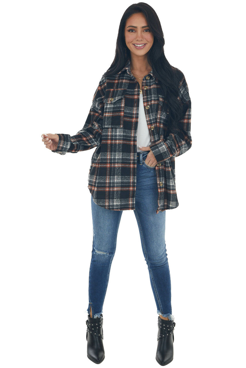Black and Pumpkin Plaid Button Up Top 