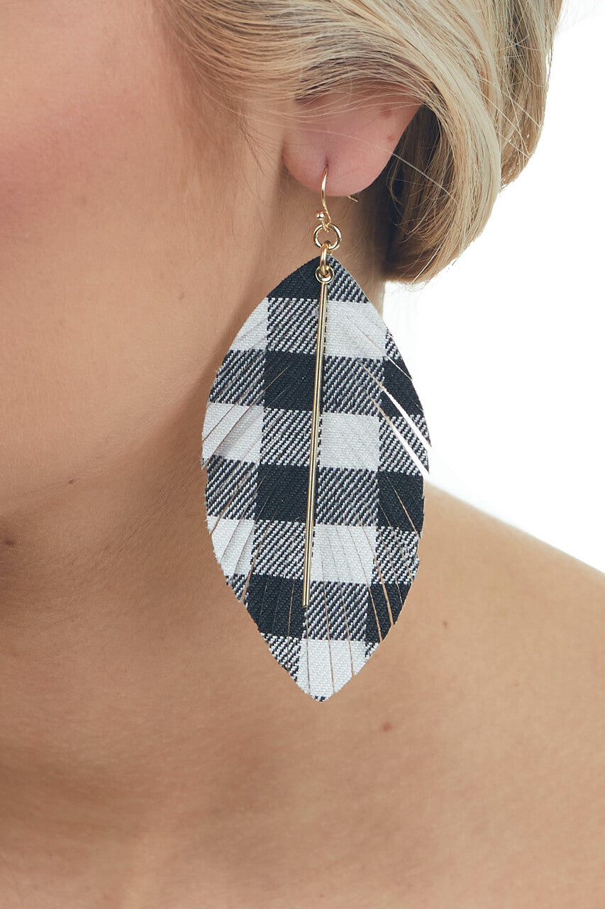 Black Buffalo Plaid Feather Dangle Earrings