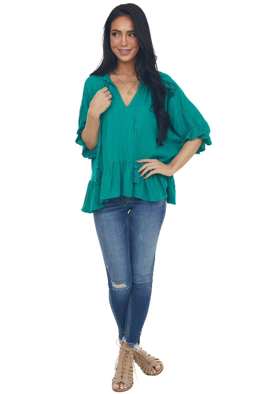 Kelly Green Textured Blouse with Ruffle Details and Neck Tie 