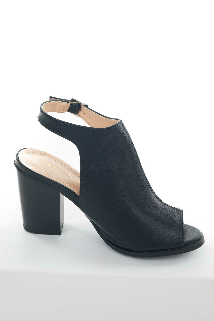 Black Faux Leather Peep Toe Heeled Booties