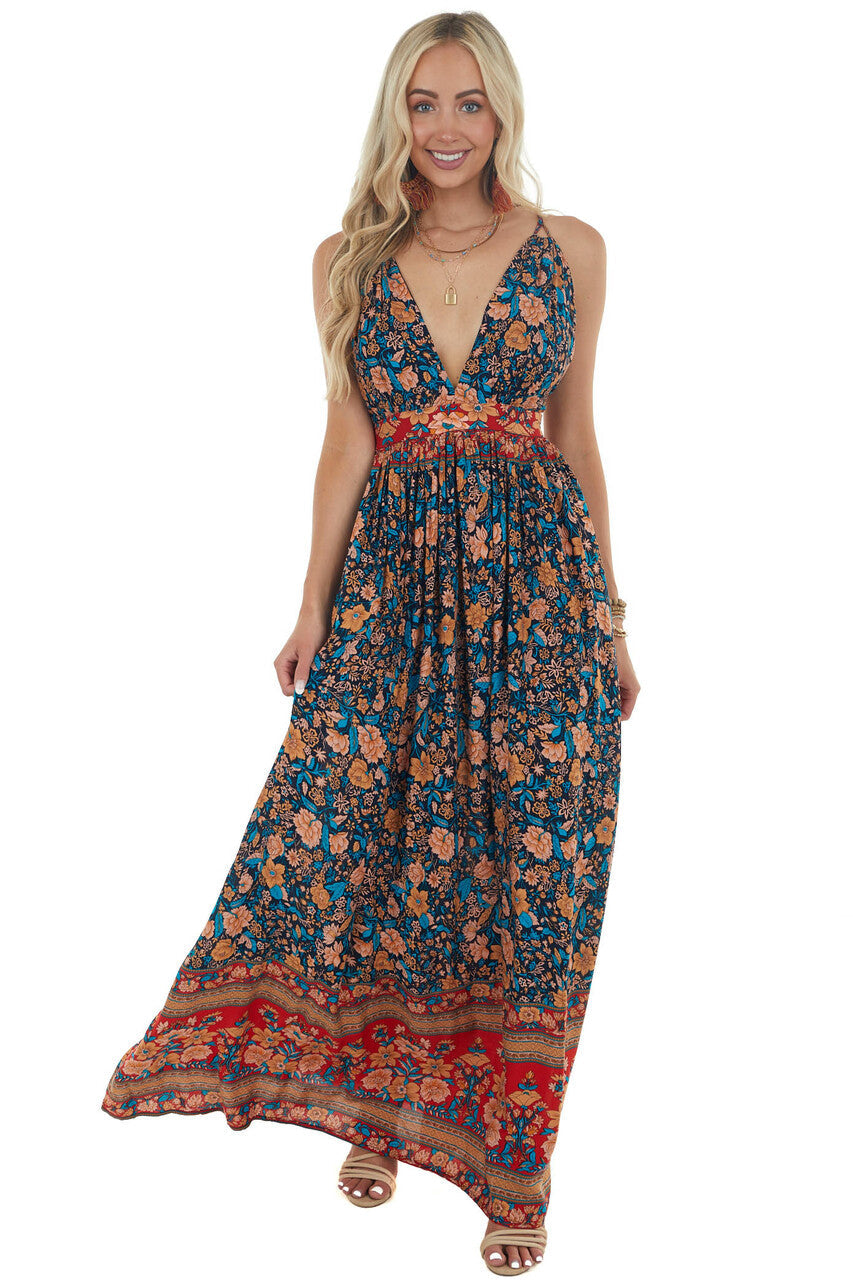 Navy and Red Floral Print Backless Maxi Dress 