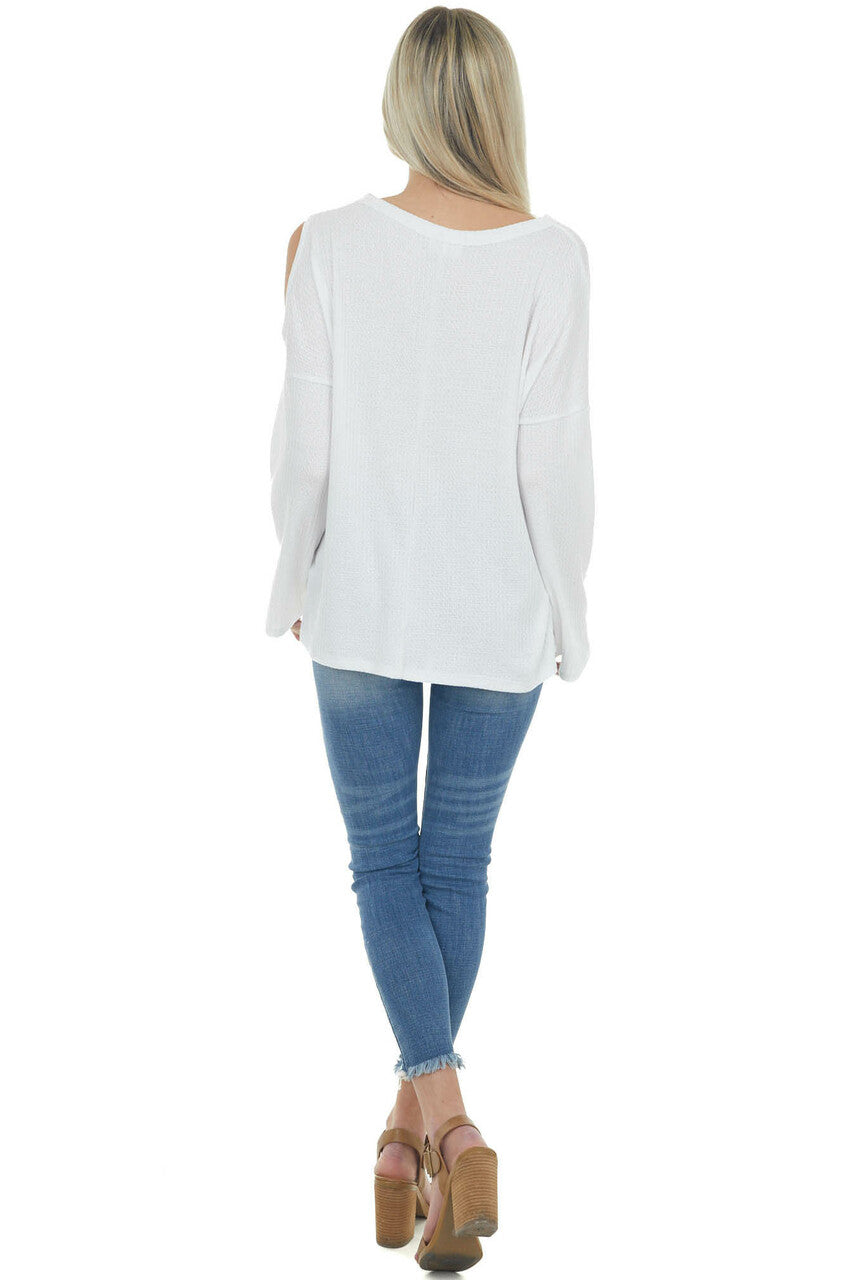 Ivory Waffle Knit Long Sleeve Top with Cold Shoulder