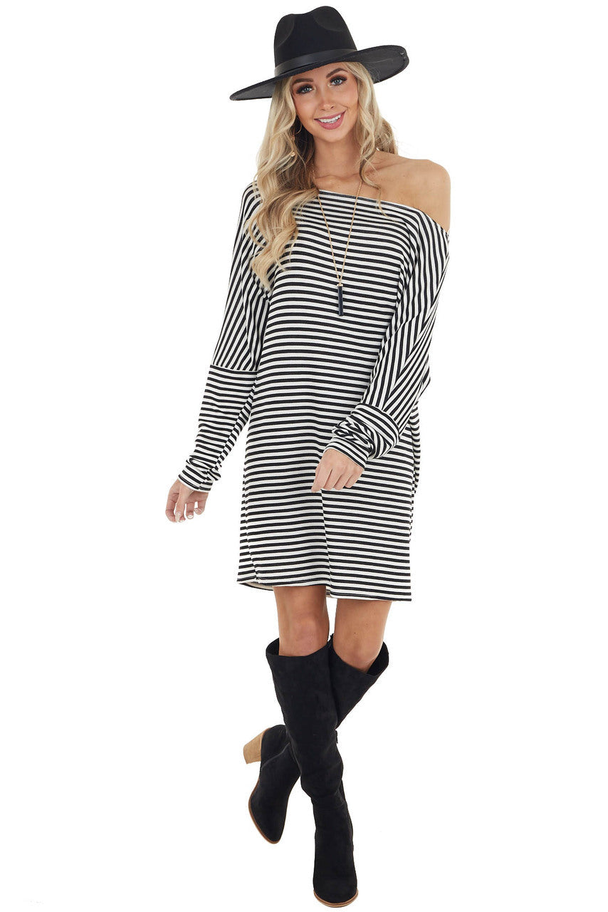 Black and White Striped Boat Neckline Short Knit Dress