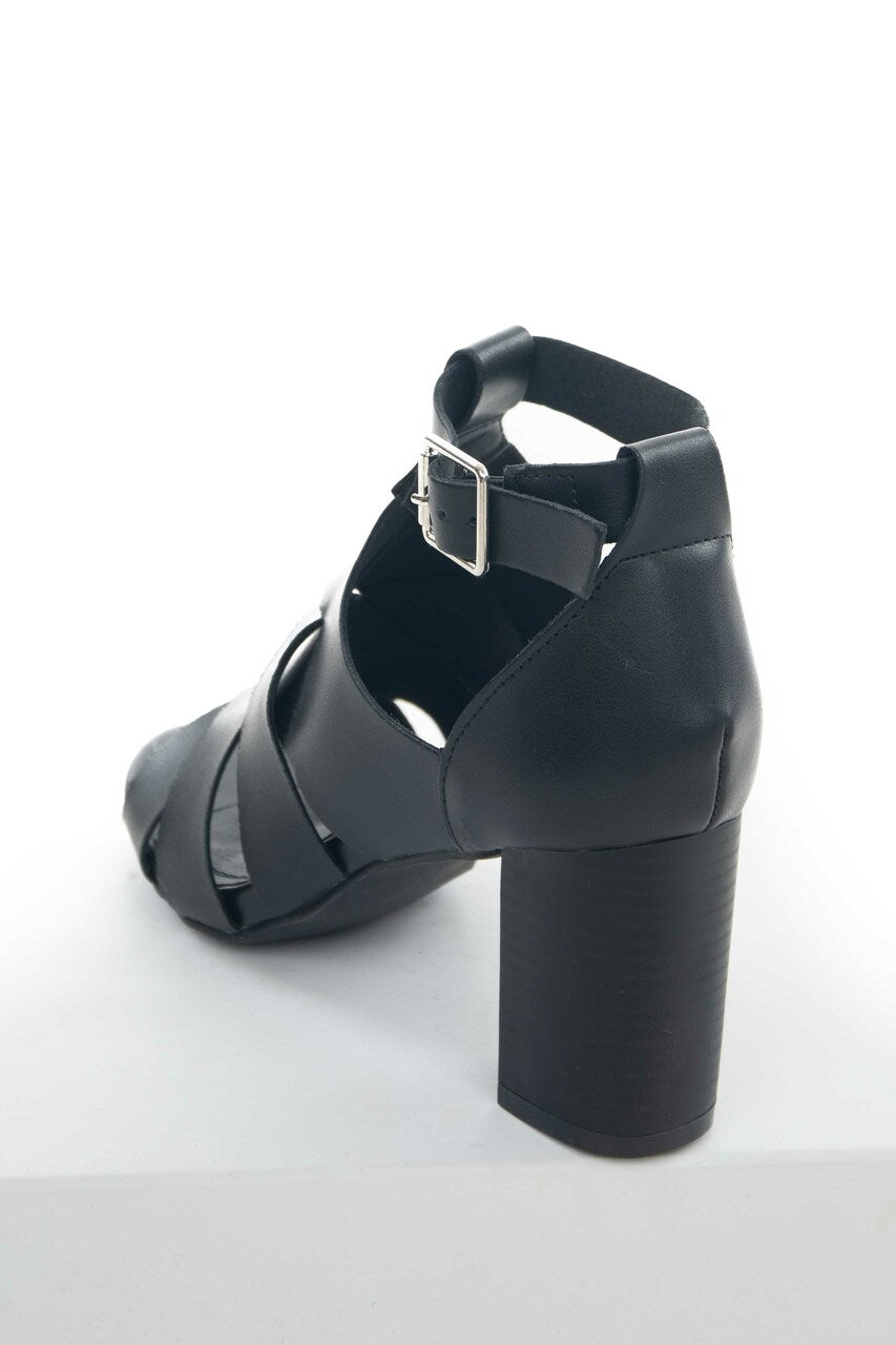 Black Faux Leather Strappy Heeled Sandals 