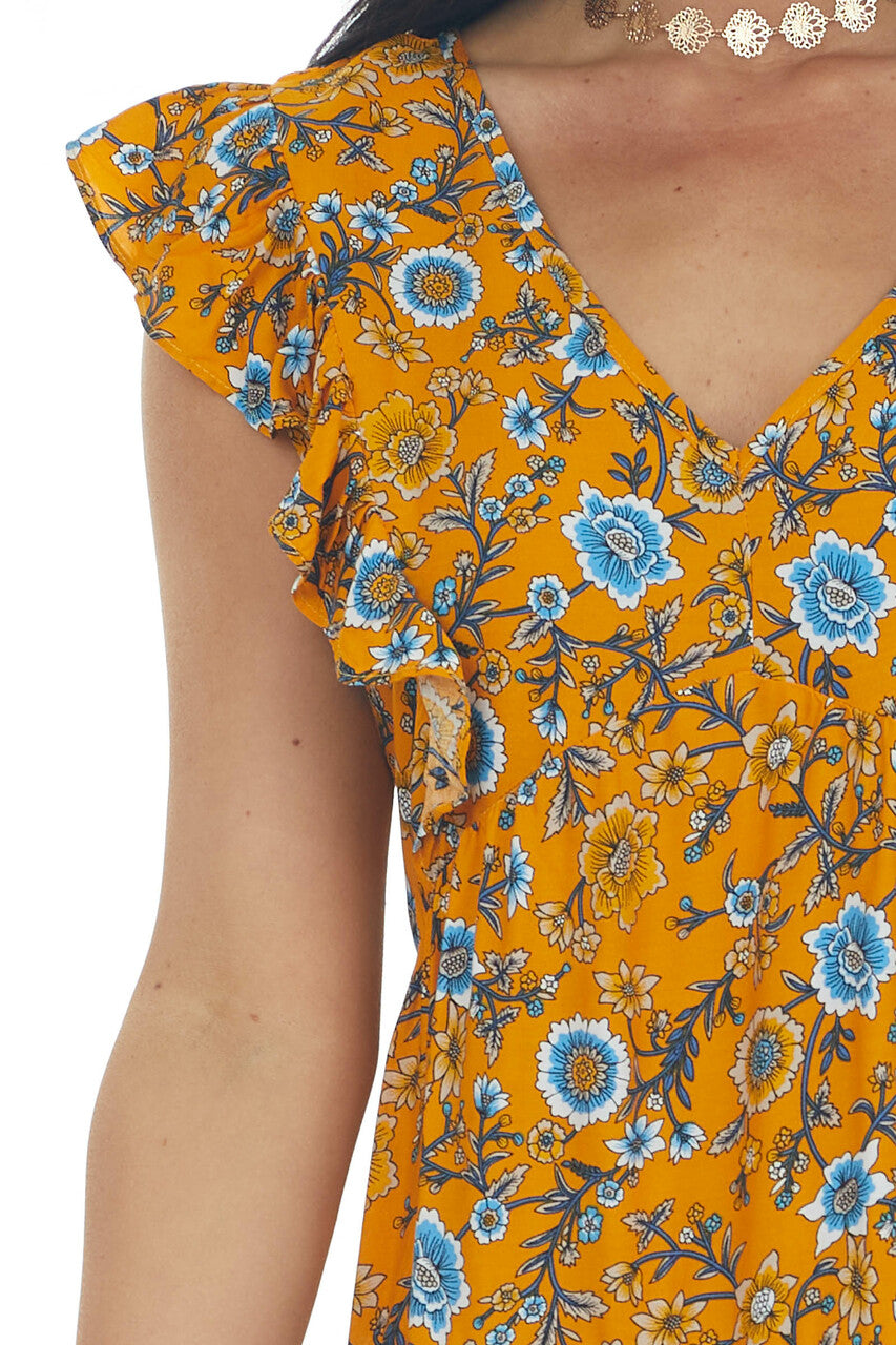 Honey Floral Print V Neck Tiered Short Dress 