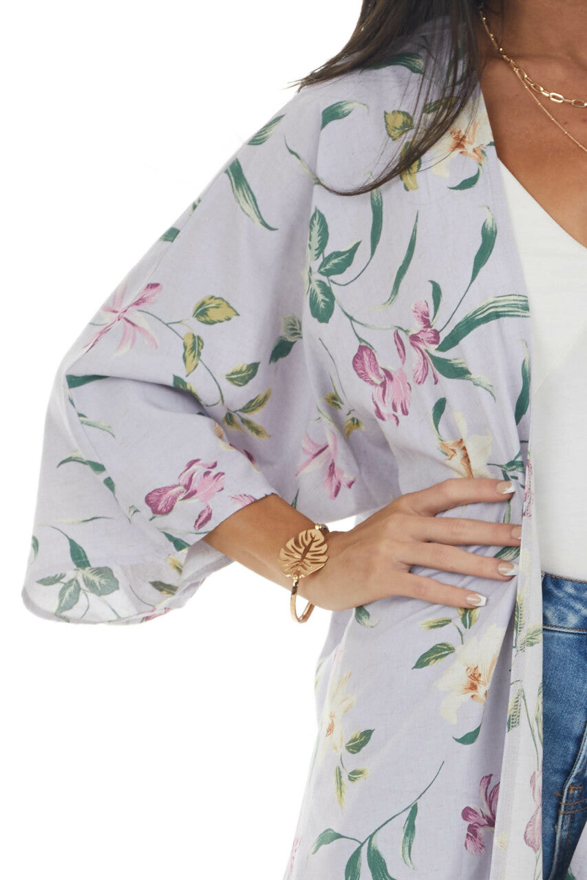 Lavender Floral Print Kimono with High Low Hem