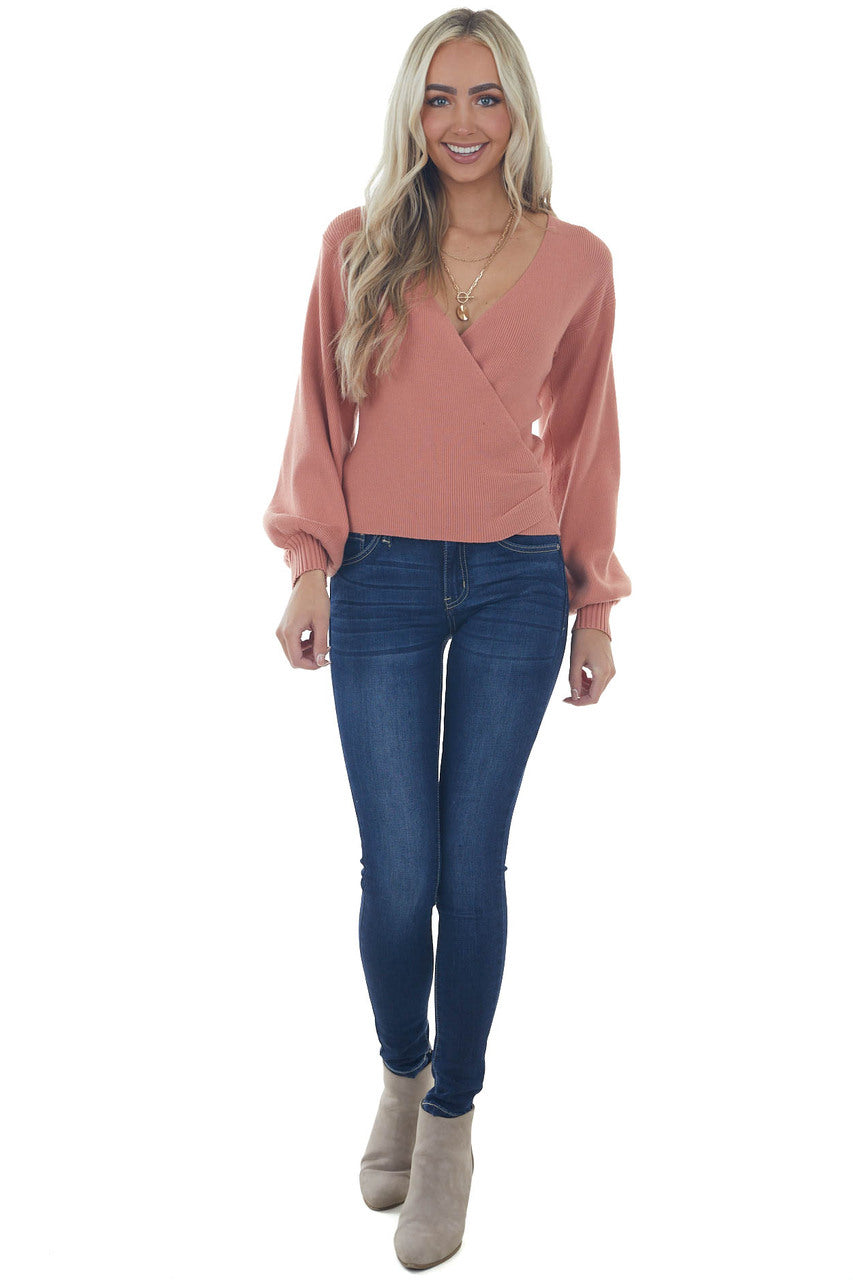 Ginger Ribbed Knit Plunging Surplice Sweater 