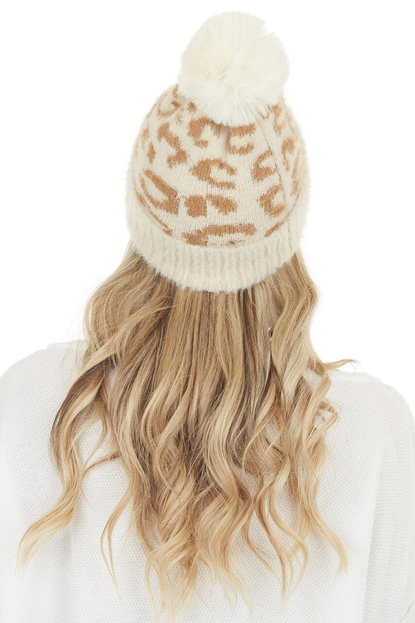 Cream and Taupe Leopard Print Beanie with Pom Pom Detail 
