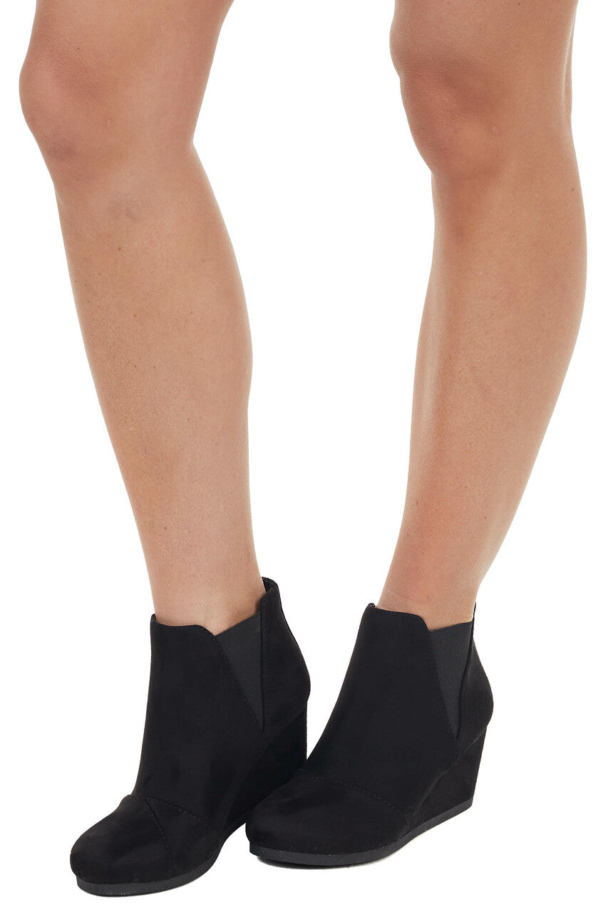Black Elastic Wedge Heel Booties with Wrapped Detail