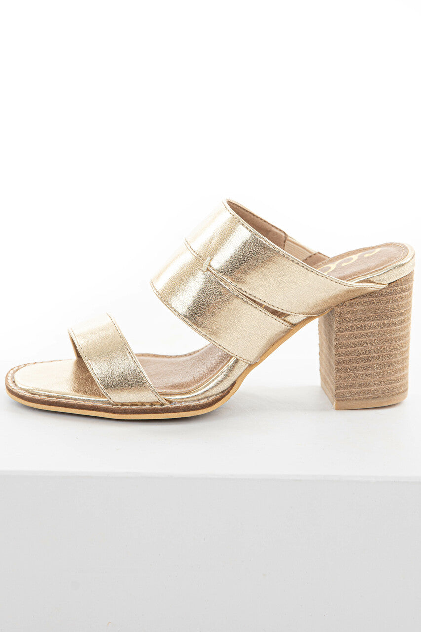 Shiny Gold Faux Leather Open Toe Heeled Mules