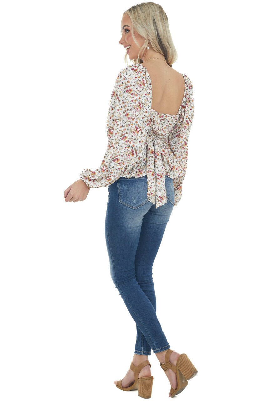 Ivory Floral Print Bubble Sleeve Peplum Blouse