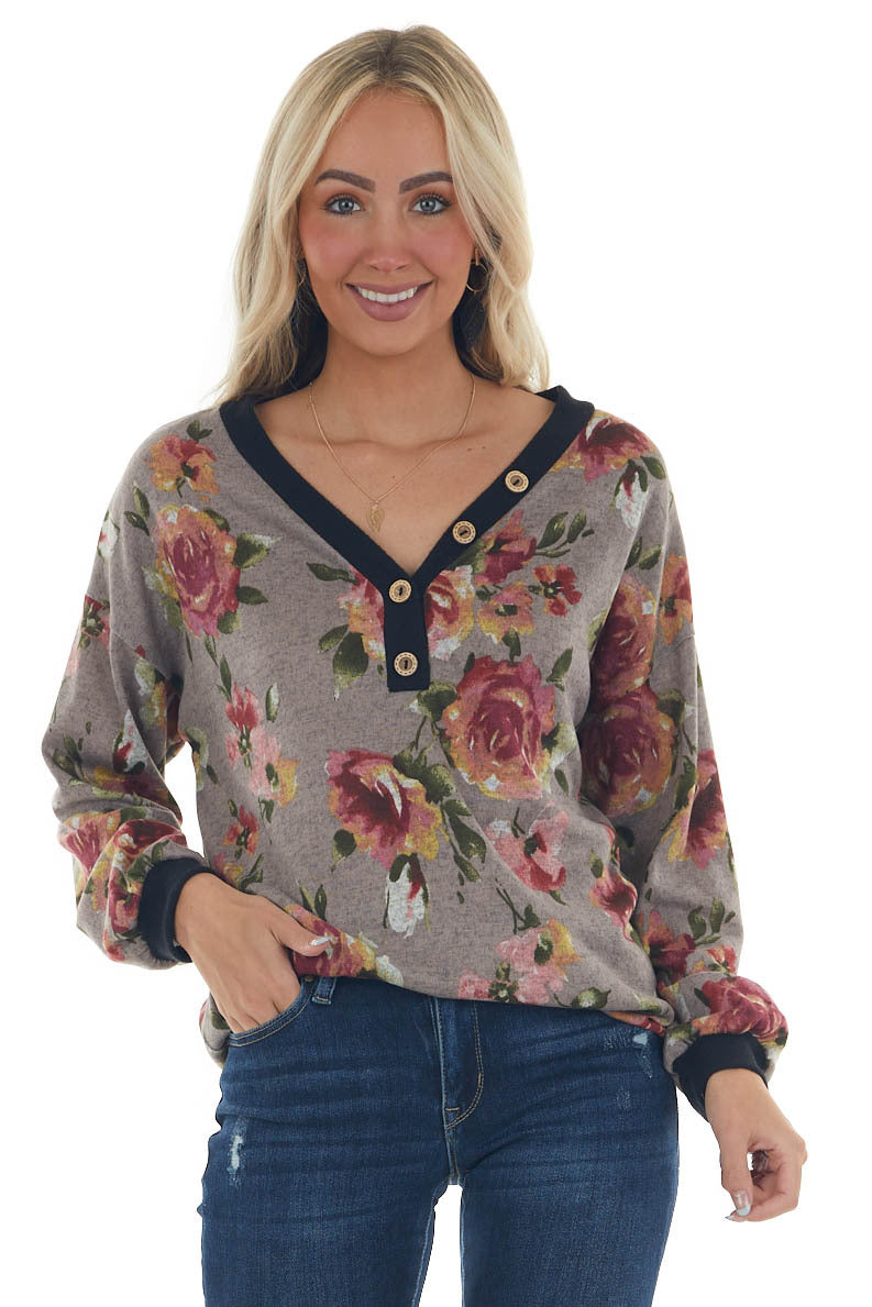 Taupe Floral Print Long Sleeve V Neck Knit Top 