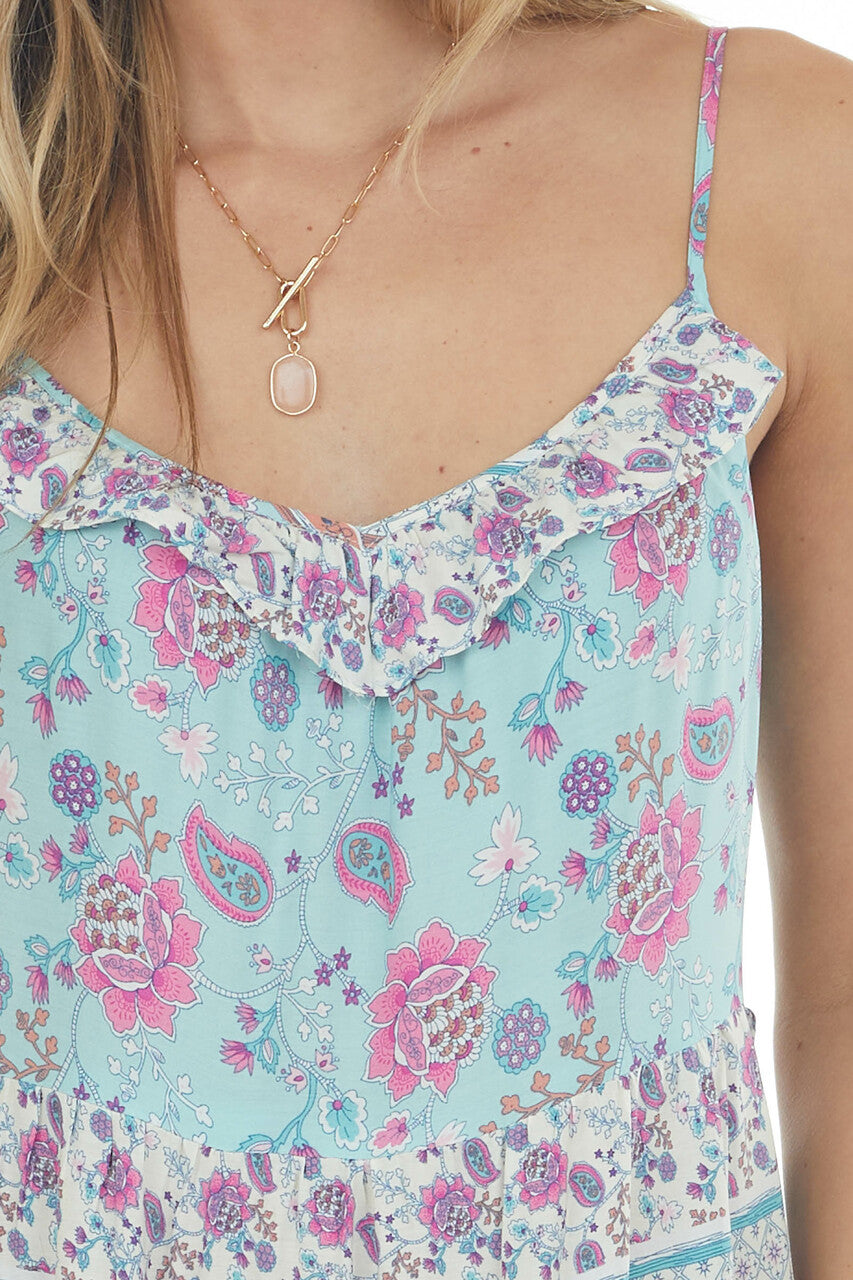 Sky Blue Printed Sleeveless Tiered Maxi Dress