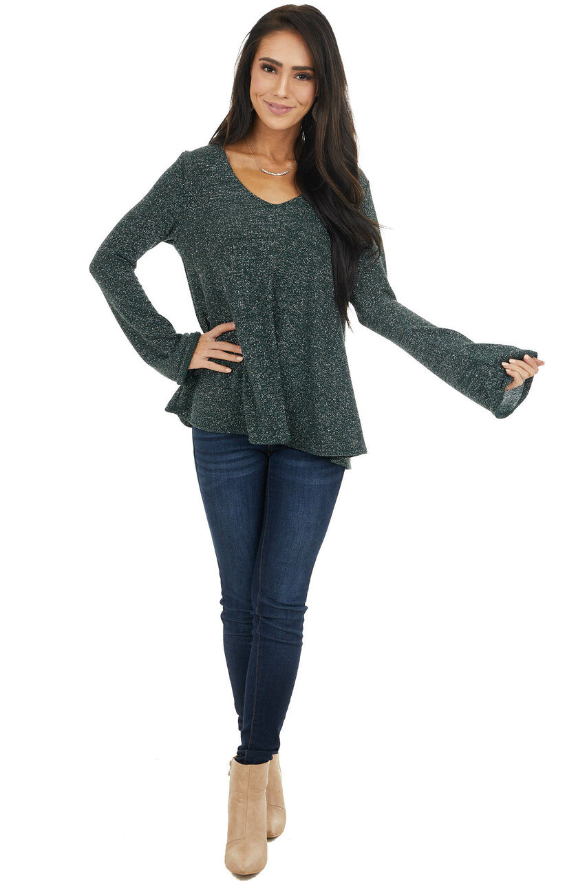 Dark Green Long Sleeve Top with Silver Thread Details