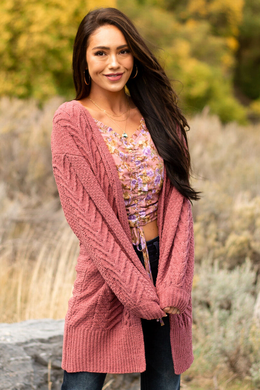 Marsala Chenille Thick Cable Knit Cardigan