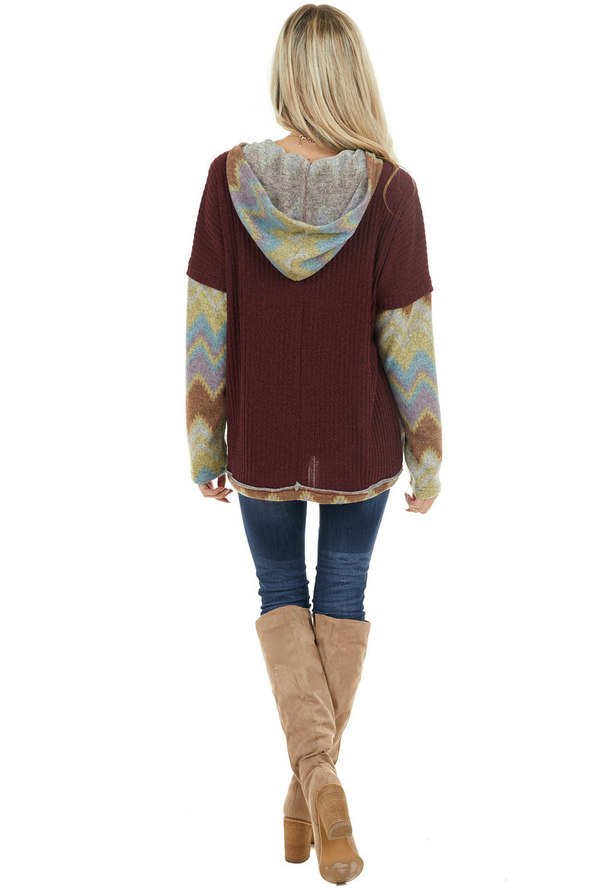 Mahogany Aztec Print Long Sleeve Top with Hood and Pockets