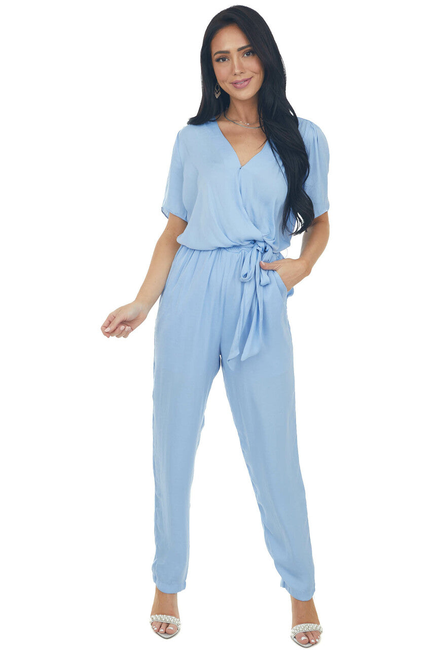 Powder Surplice Woven Short Sleeve Jumpsuit