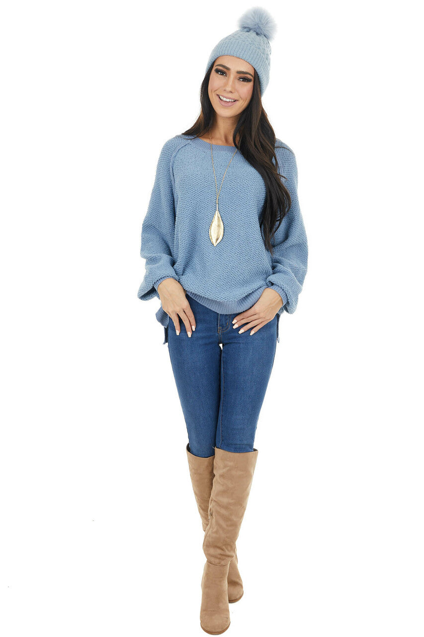 Dusty Blue Long Sleeve Lightweight Sweater with Raw Details