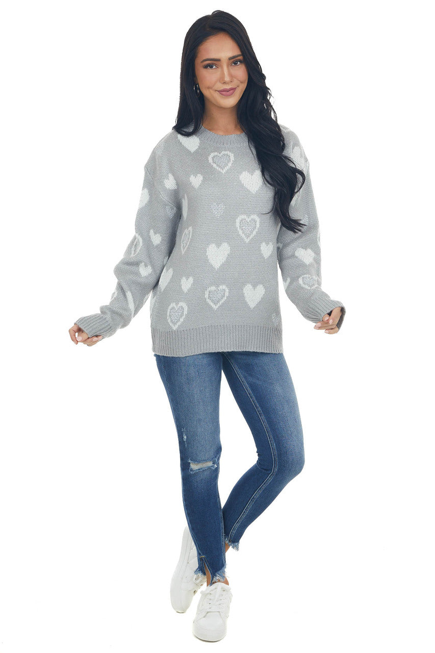 Dove Grey Heart Print Metallic Knit Sweater